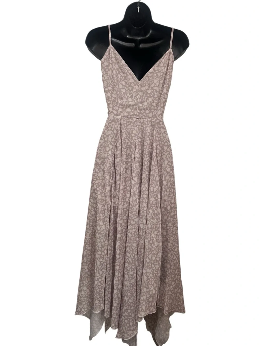 Mia Joy Athena XS Taupe Floral Handkerchief Hem Midi Dress Boho Cottagecore